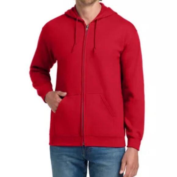 Red Medium Full Zip Fleece Hoodie Sweatshirt – Unisex, Long Sleeve, Plain - Picture 1 of 6